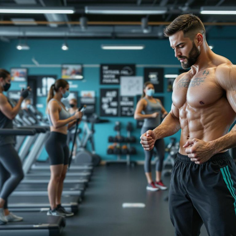 a fit man showcases his muscular physique in a gym surrounded by active individuals