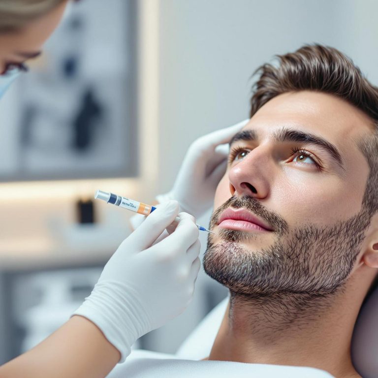 a man receives an injectable treatment from an aesthetician wearing a mask and gloves