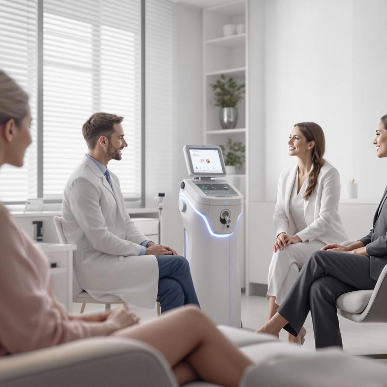 a medical consultation takes place in a modern clinic with an advanced fat reduction machine