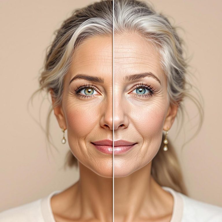 a split image comparison of a mature woman highlighting differences in skin texture