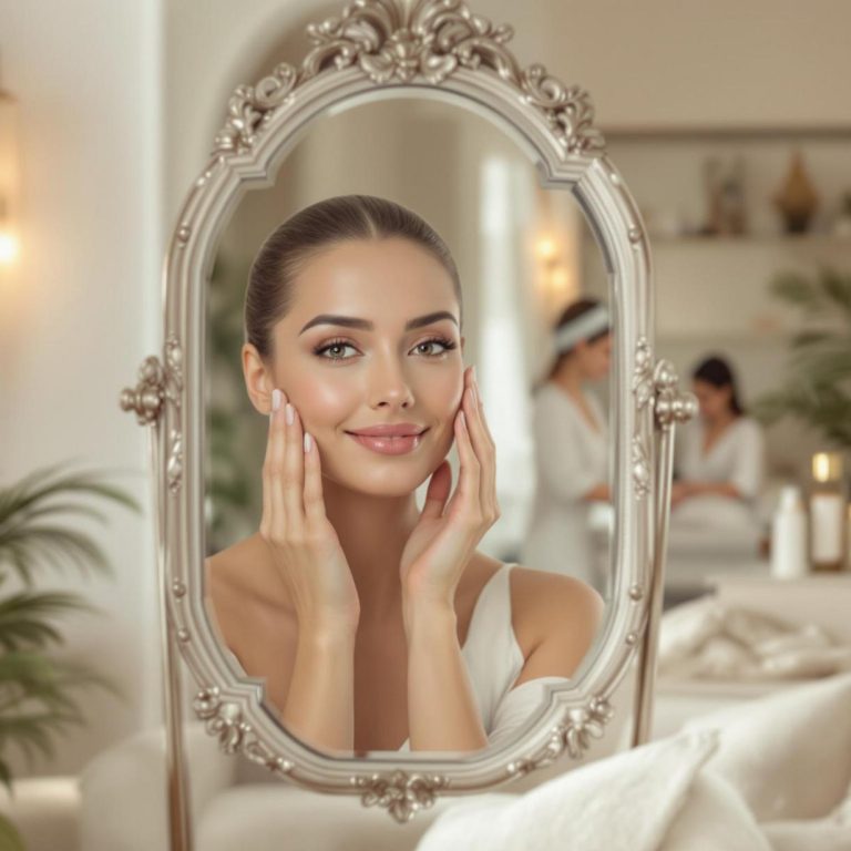 a woman admires her smooth radiant skin in an elegant mirror surrounded by a luxurious