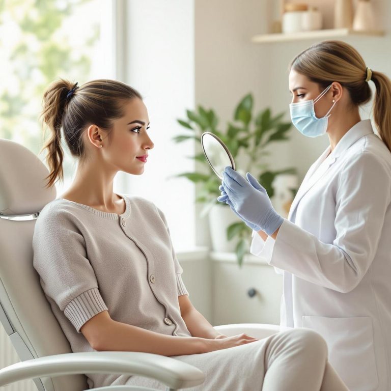 a young woman consults a masked aesthetic professional in a clean modern