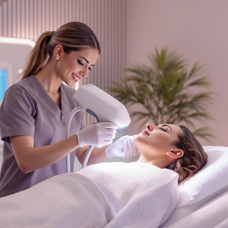 aesthetician performs an advanced laser treatment on a client in a futuristic clinical setting