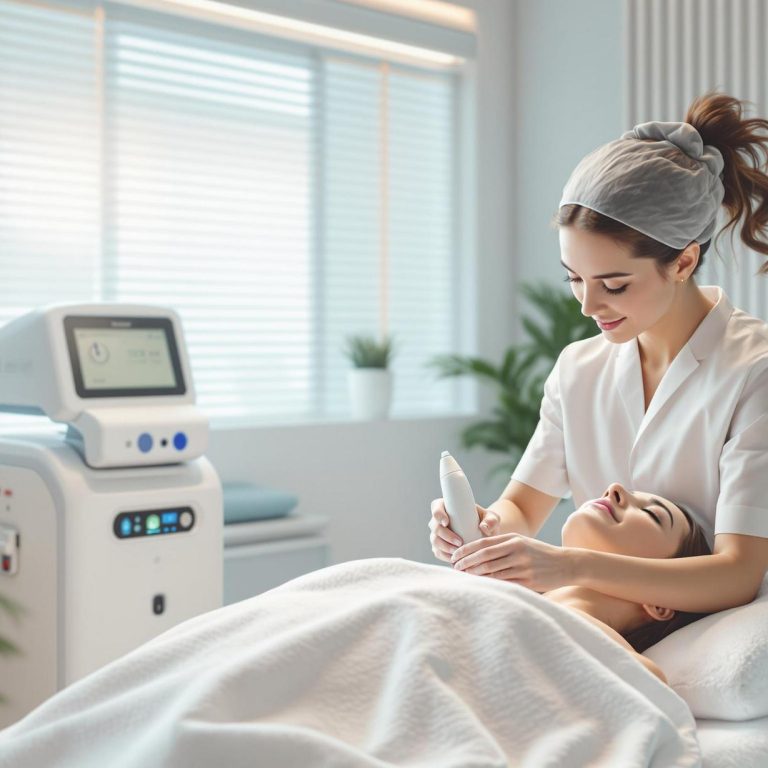 an aesthetician performs a hightech facial treatment in a clinical professional setting